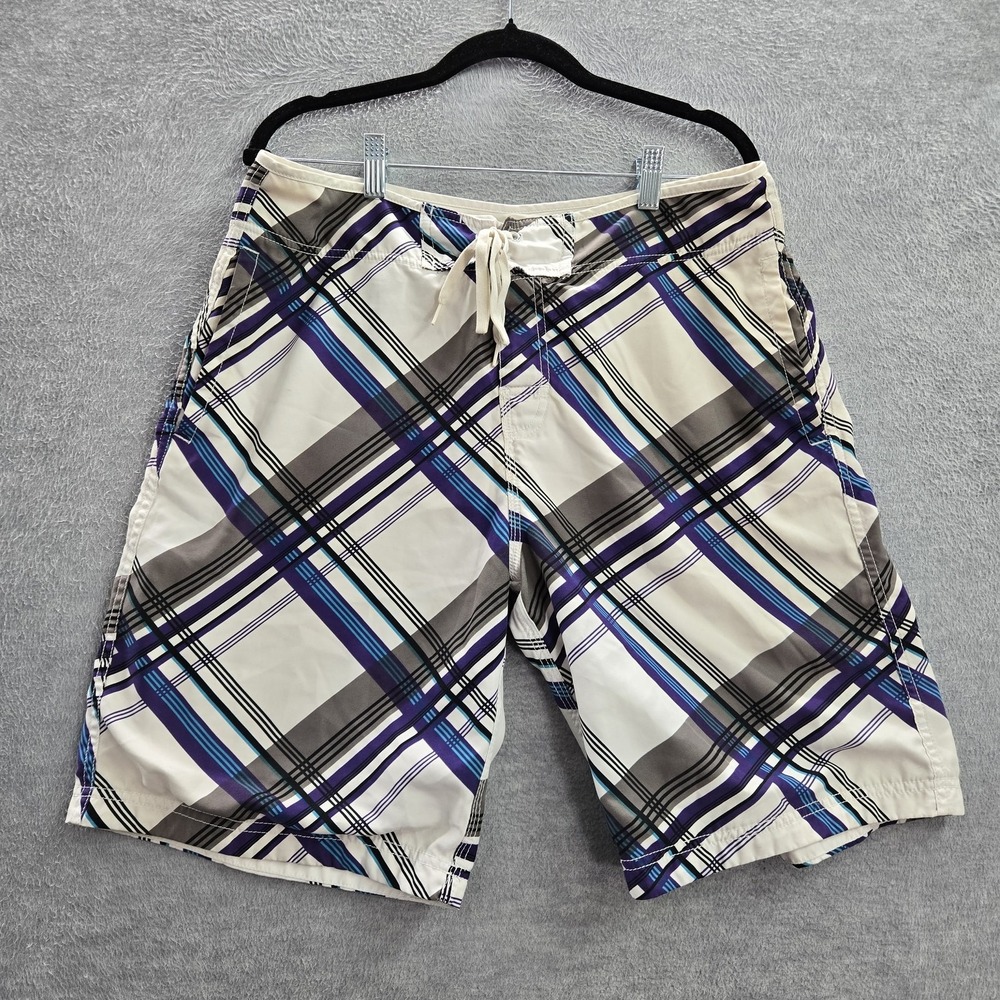 Anchorblue Men‎ Swimwear 32 White Board Shorts Plaid Button Drawstring 10"